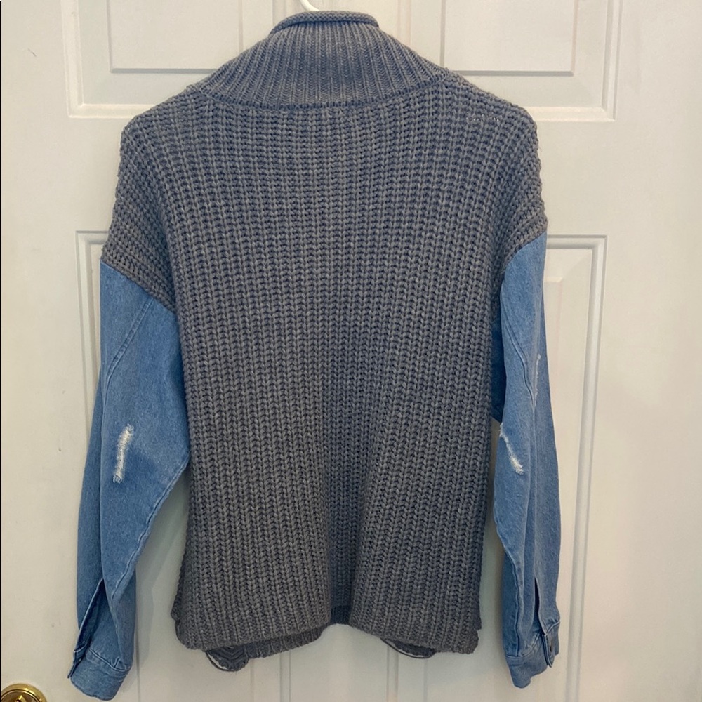 Say What? Size Large Gray Knit Sweater Top with Denim Sleeves - Picture 5 of 9